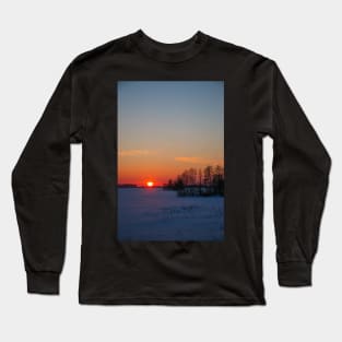 Sunset winter landscape with snow-covered road in violet and pink colors Long Sleeve T-Shirt